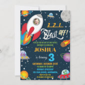 鮮やか宇宙ロケット船惑星誕生日写真 招待状 (正面)