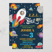 鮮やか宇宙ロケット船惑星誕生日写真 招待状 (正面/裏面)