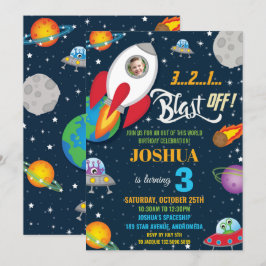 鮮やか宇宙ロケット船惑星誕生日写真 招待状