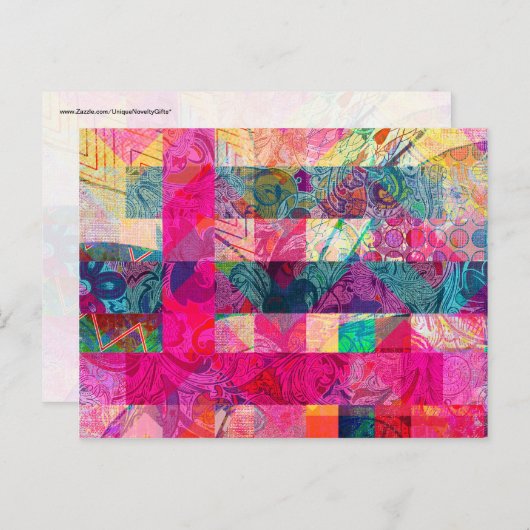 鮮やか抽象芸術カラフルピンク格子ファンキー縞 ポストカード (正面/裏面)