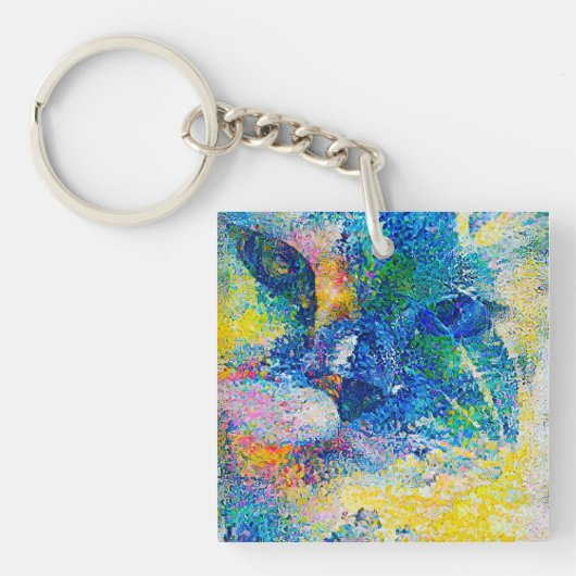 鮮やか抽象芸術キャットアートプリント キーホルダー (正面)