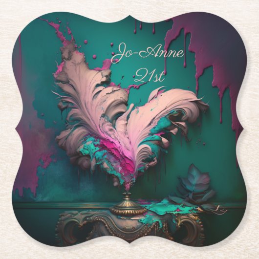 鮮やか抽象芸術ピンクとティール（緑がかった色） ペーパーコースター (正面)