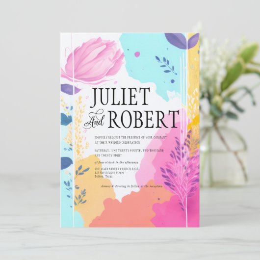 鮮やか抽象芸術フローラの葉の春の結婚式 招待状 (スタンド正面)