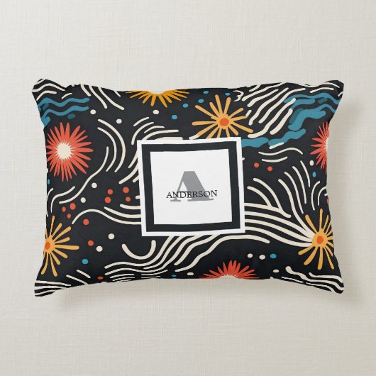 鮮やか抽象芸術フローラ波オン黒 アクセントクッション (正面)