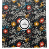 鮮やか抽象芸術フローラ波オン黒 シャワーカーテン (正面)