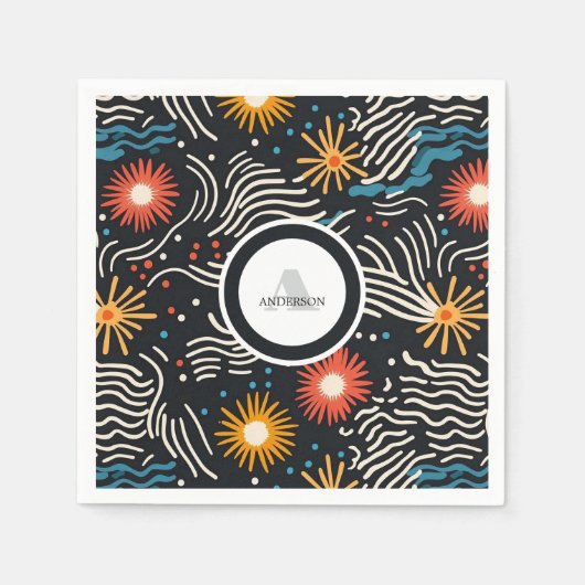 鮮やか抽象芸術フローラ波オン黒 スタンダードカクテルナプキン (正面)