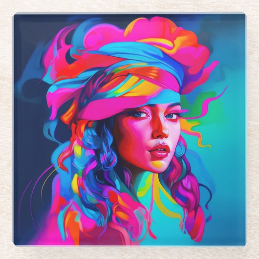 鮮やか抽象芸術ポートレート ガラスコースター (正面)