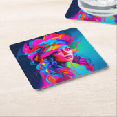 鮮やか抽象芸術ポートレート スクエアペーパーコースター (アングル)