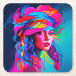 鮮やか抽象芸術ポートレート スクエアペーパーコースター
