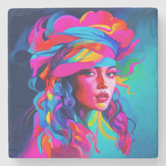 鮮やか抽象芸術ポートレート ストーンコースター (正面)