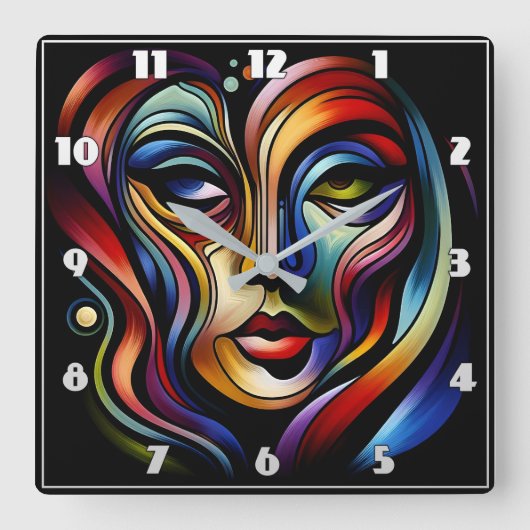 鮮やか抽象芸術付きカラフルストライプポートレート スクエア壁時計 (正面)