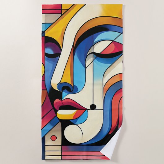 鮮やか抽象芸術幾何顔 ビーチタオル (正面)