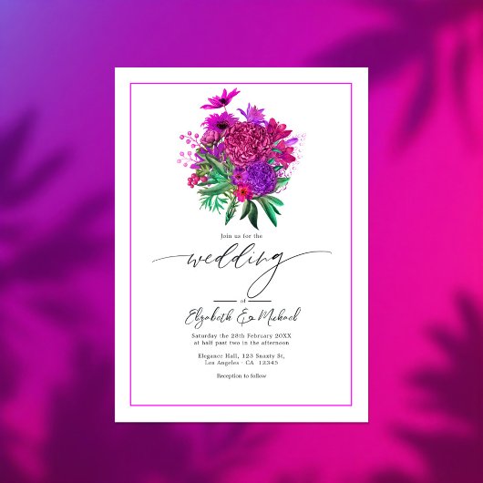 鮮やか明るい赤紫色モダンの結婚写真QRコード 招待状