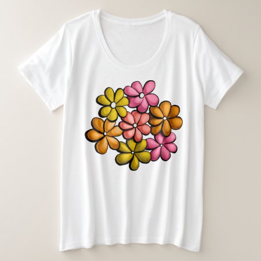 鮮やか春フローラ – インクフ描ァラ プラスサイズTシャツ (デザイン正面)