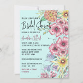 鮮やか春ワイルドフラワーオンティール(緑がかった色)ブライダルシャワー 招待状 (正面)