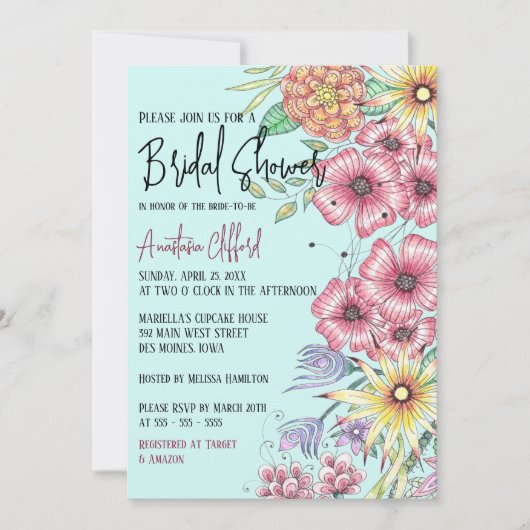 鮮やか春ワイルドフラワーオンティール(緑がかった色)ブライダルシャワー 招待状 (正面)