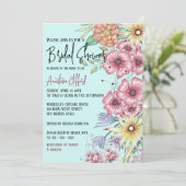 鮮やか春ワイルドフラワーオンティール(緑がかった色)ブライダルシャワー 招待状 (スタンド正面)