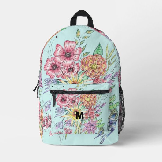 鮮やか春ワイルドフラワーオンティール(緑がかった色)モノグラムの プリントバックパック (正面)