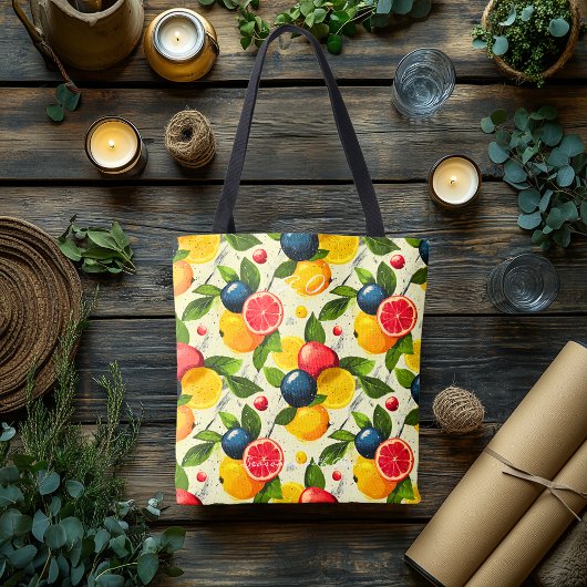 鮮やか柑橘類とベリー&パーソナライズされたイニシャル トートバッグ