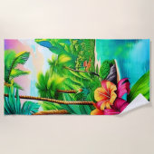 鮮やか海の波とヤシの木の芸術 ビーチタオル (正面)