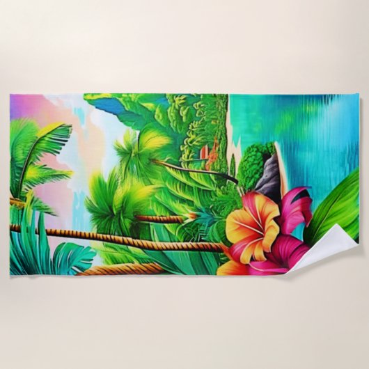 鮮やか海の波とヤシの木の芸術 ビーチタオル (正面)