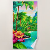 鮮やか海の波とヤシの木の芸術 ビーチタオル (正面)