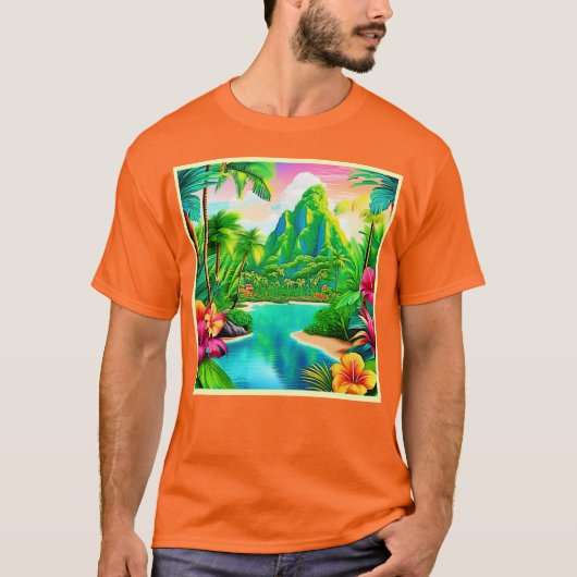 鮮やか海の波とヤシの木の芸術 Tシャツ (正面)