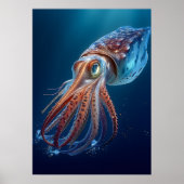 鮮やか深い海の中のイカ – 海洋生物イリュスト ポスター (正面)
