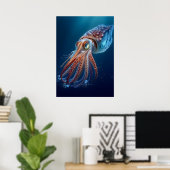 鮮やか深い海の中のイカ – 海洋生物イリュスト ポスター (ホームオフィス)