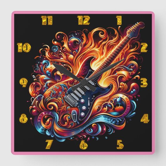 鮮やか火のギター スクエア壁時計 (正面)