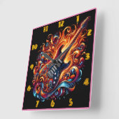 鮮やか火のギター スクエア壁時計 (傾斜)