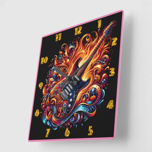 鮮やか火のギター スクエア壁時計 (傾斜)