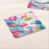 鮮やか熱帯魚の水彩海洋生物の模様 スクエアペーパーコースター (アングル)