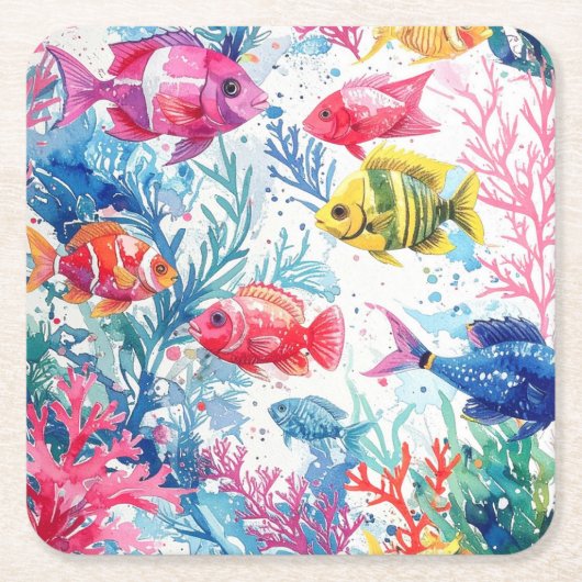 鮮やか熱帯魚の水彩海洋生物の模様 スクエアペーパーコースター (正面)