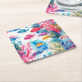 鮮やか熱帯魚の水彩海洋生物の模様 スクエアペーパーコースター (アングル)