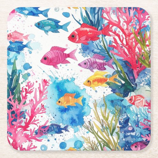 鮮やか熱帯魚の水彩海洋生物の模様 スクエアペーパーコースター (正面)
