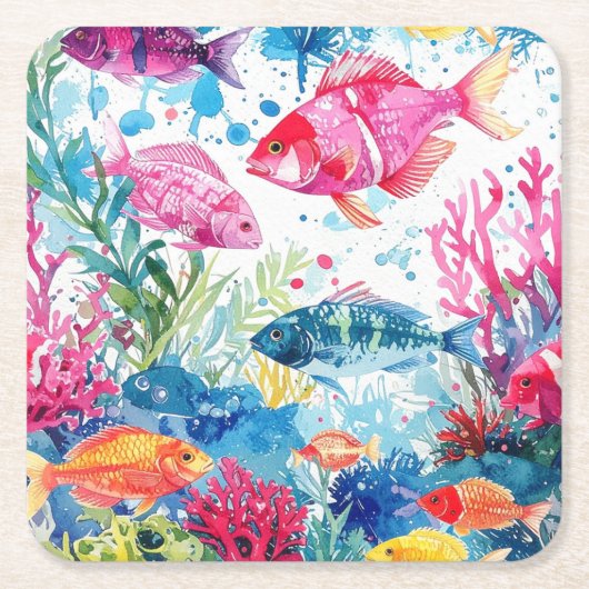 鮮やか熱帯魚の水彩海洋生物の模様 スクエアペーパーコースター (正面)
