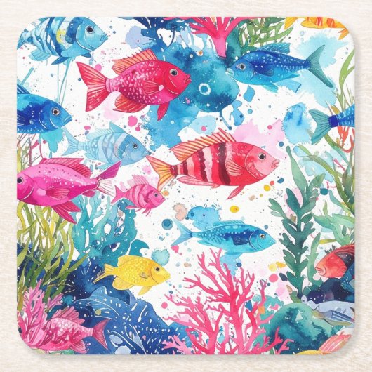 鮮やか熱帯魚の水彩海洋生物の模様 スクエアペーパーコースター (正面)