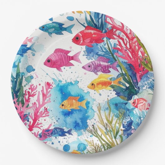 鮮やか熱帯魚の水彩海洋生物の模様 ペーパープレート (正面)