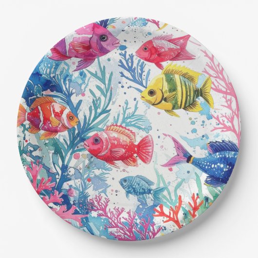 鮮やか熱帯魚の水彩海洋生物の模様 ペーパープレート (正面)