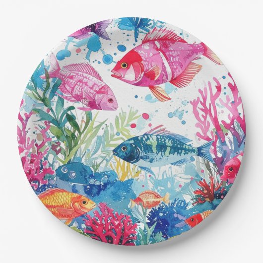鮮やか熱帯魚の水彩海洋生物の模様 ペーパープレート (正面)