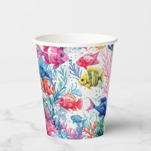 鮮やか熱帯魚の水彩海洋生物の模様 紙コップ (正面)