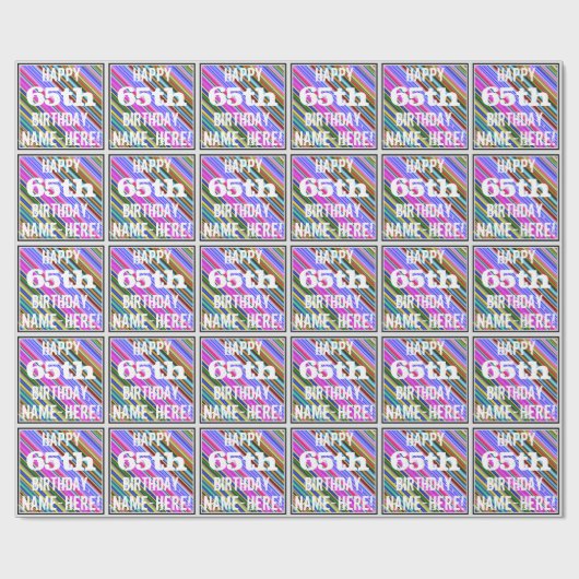 鮮やか第65誕生日+名前をカスタムする ラッピングペーパー (フラット)