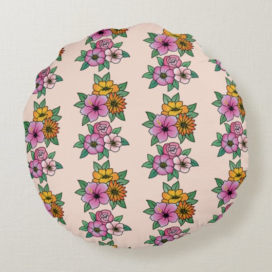 鮮やか素朴花束模様の枕 ラウンドクッション (裏面)