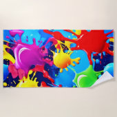 鮮やか絵を描（ばちゃばちゃ）跳ねる: A はっきりした Colorsステートメント ビーチタオル (正面)