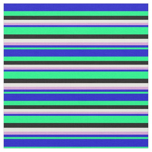 鮮やか緑、青、梅、白、黒の線 ファブリック (クローズアップ)