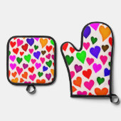 鮮やか色数々のハートパターン 鍋つかみ&鍋敷きセット (正面)