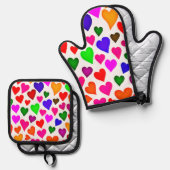 鮮やか色数々のハートパターン 鍋つかみ&鍋敷きセット (正面/裏面)