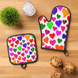 鮮やか色数々のハートパターン 鍋つかみ&鍋敷きセット
