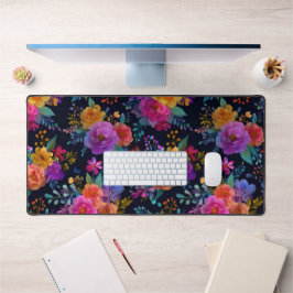 鮮やか花オン黒のヴィンテージエレガントフローラ デスクマット